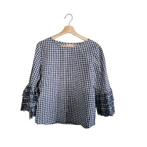 JENNIFER AND GRACE Blue Gingham Blouse Size M Bell Sleeves Boho Cottagecore